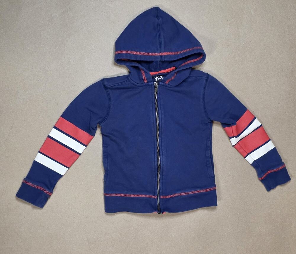 TEA COLLECTION 4 Navy Zip Hoodie orange & White Stripe Graphic Sleeves- EUC